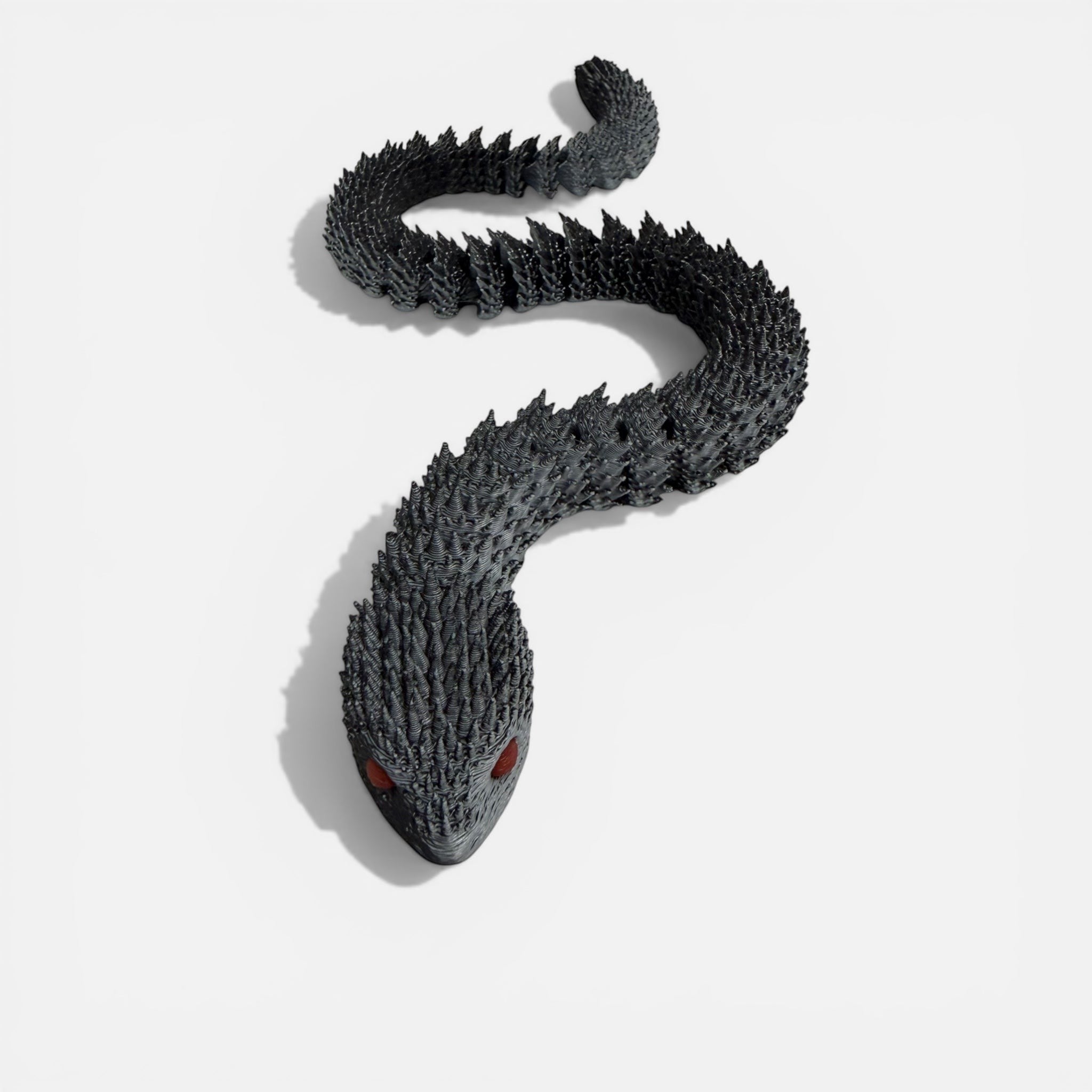 L3D Prints articulated dark grey snake toy with red glow-in-the-dark eyes, 33-47cm