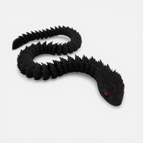 L3D Prints articulated black snake toy with red glow-in-the-dark eyes, a flexible sensory toy.